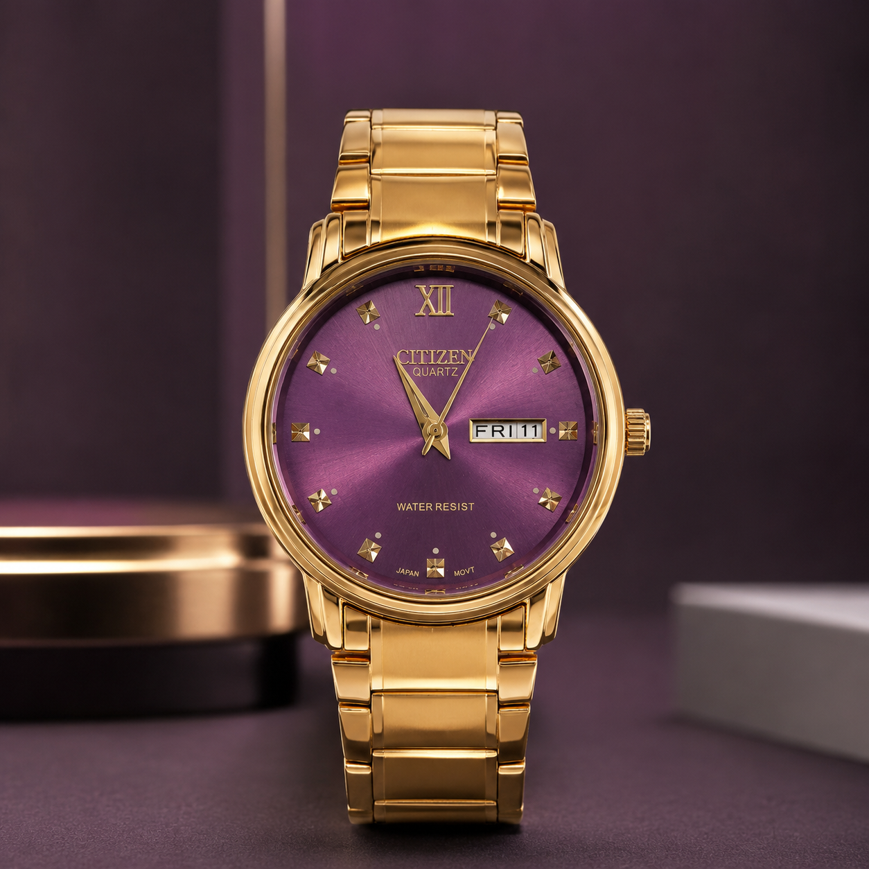Premium Gold Quartz Watch with Royal Purple Dial (01)