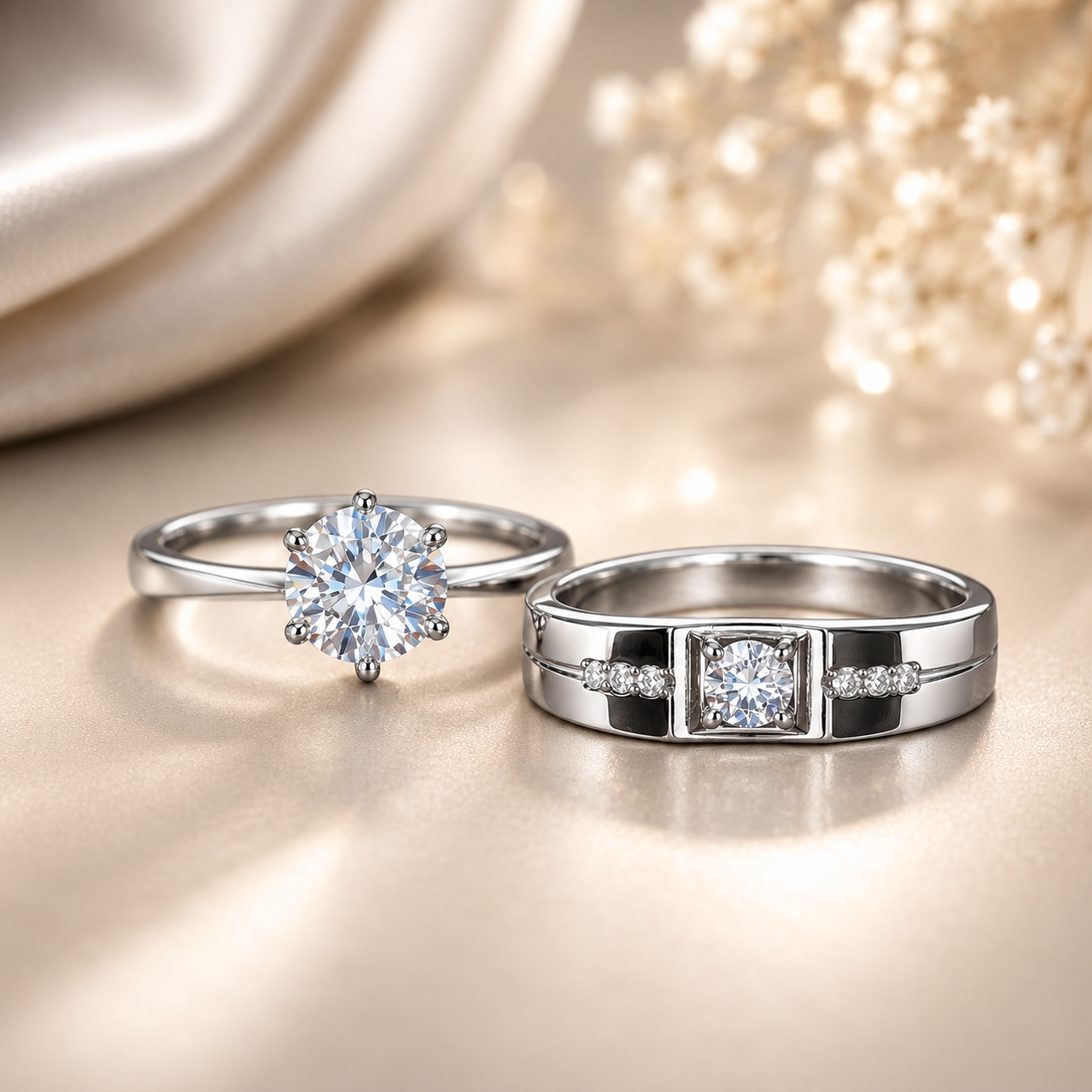 Sterling Silver Solitaire & Inlaid Crystal Couple Rings Set