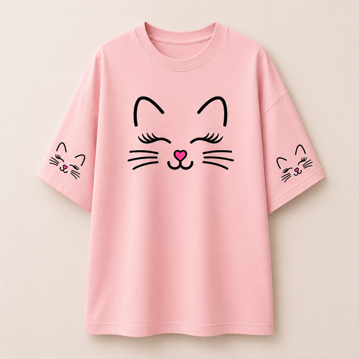 Girls Cute Cat Face Oversized Graphic T-Shirt (RR-03)