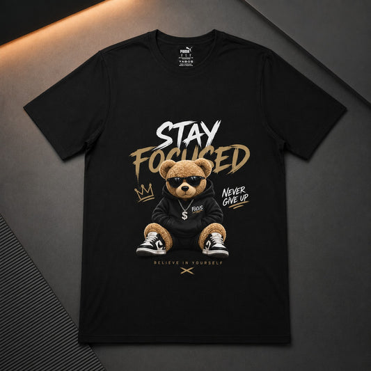 Stay Focused Teddy Bear Oversized Graphic T-Shirt | Premium Cotton Streetwear Tee (01)