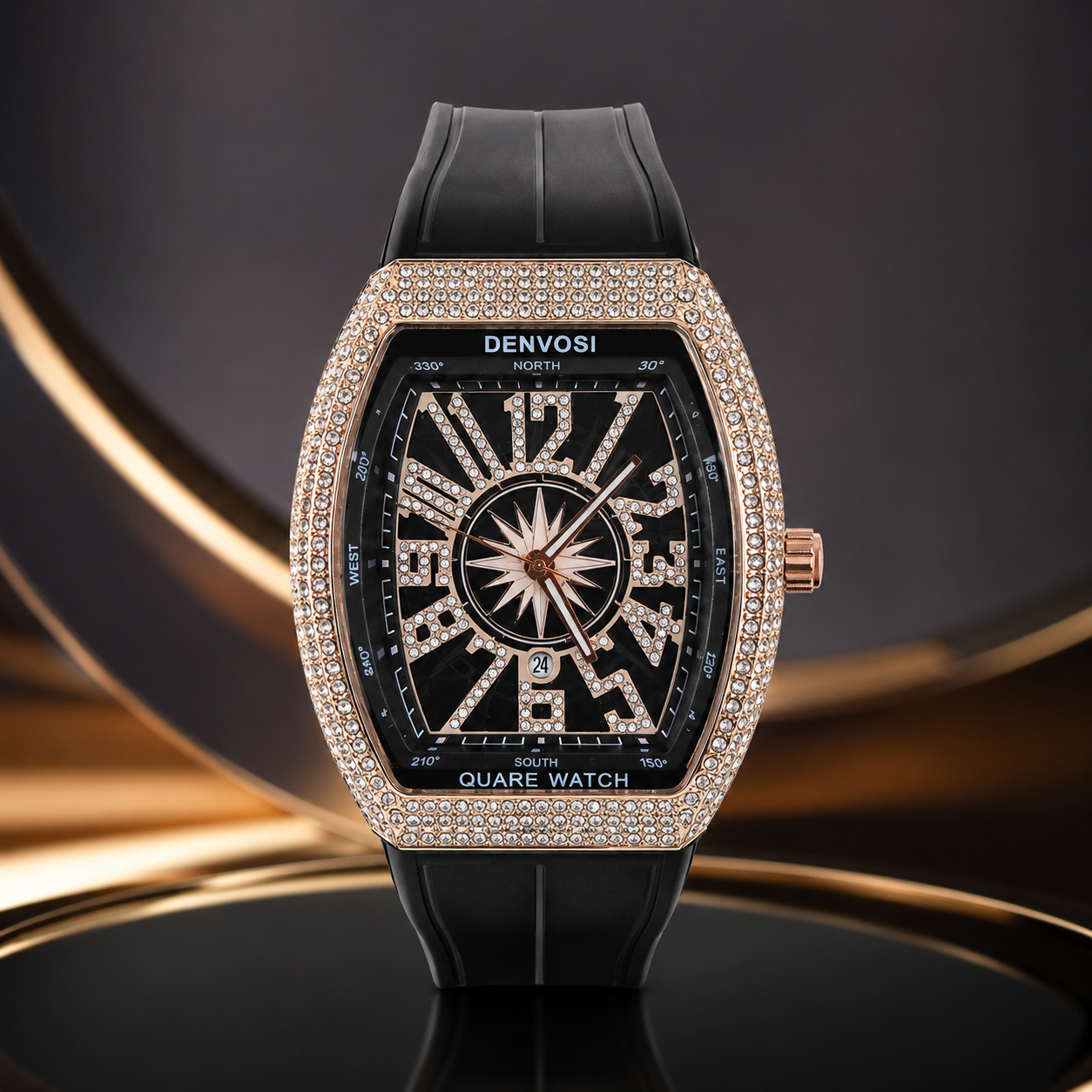 Men’s Luxury Rhinestone Quartz Watch – Rose Gold Tonneau Case with Black Silicone Strap (01)