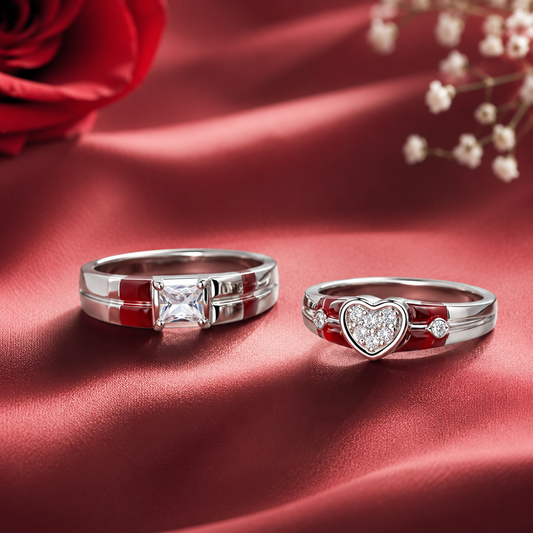 Matching Heart & Square Crystal Red Enamel Couple Rings Set