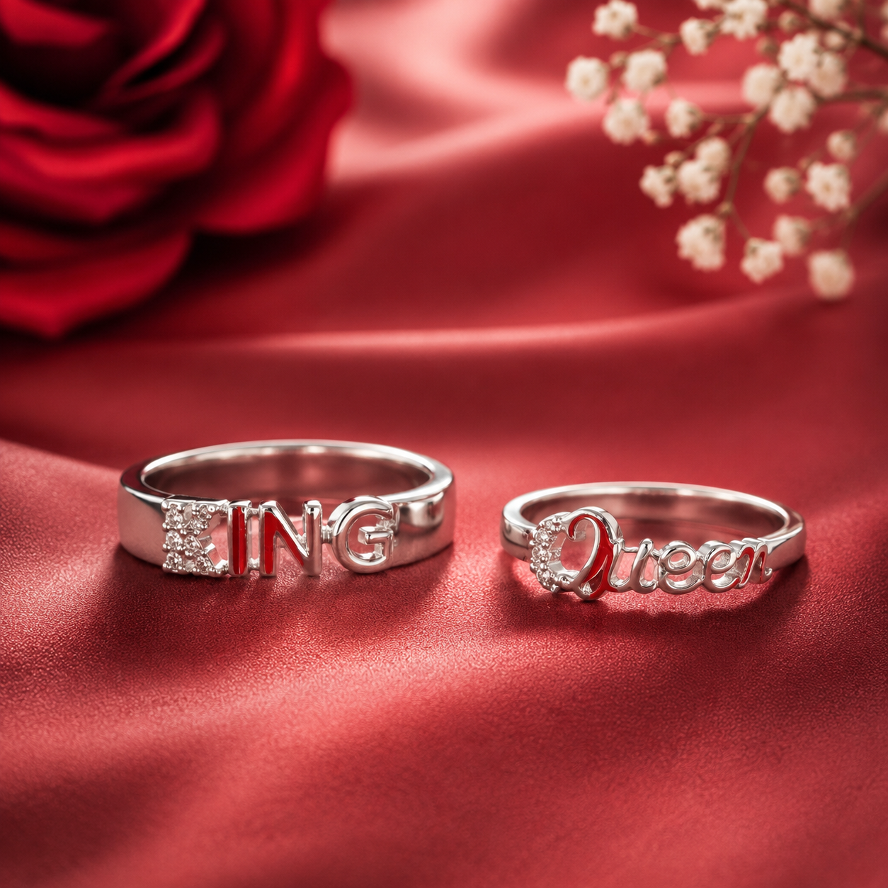 King" & "Queen" Silver & Red Enamel Couple Rings Set