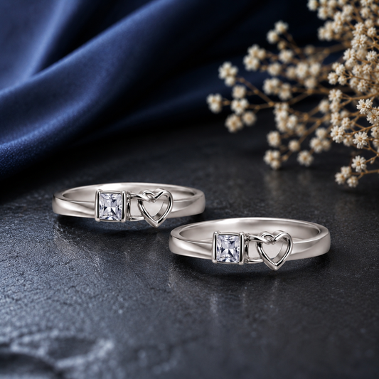 Sterling Silver Princess-Cut Crystal & Open Heart Couple Rings Set