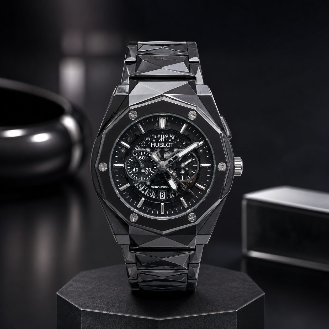 All-Black Faceted Skeleton Chronograph Watch (03)