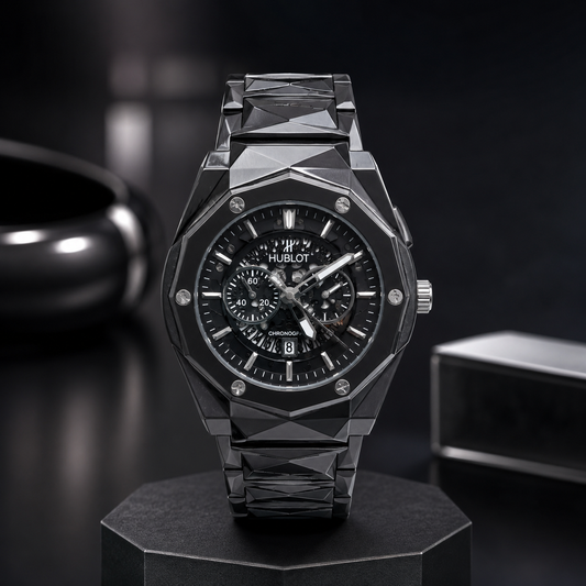 All-Black Faceted Skeleton Chronograph Watch (03)
