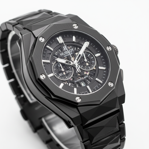 All-Black Faceted Skeleton Chronograph Watch (03)